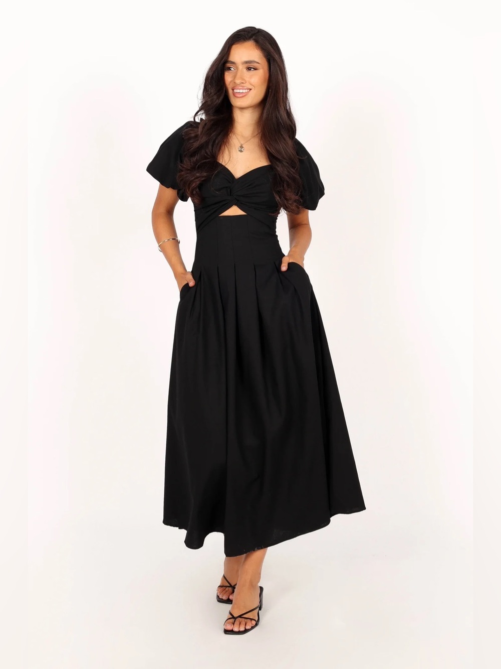 Petal & Pup Maria Puff Sleeve Cutout Midi Dress Black XL NWT - Picture 2 of 10